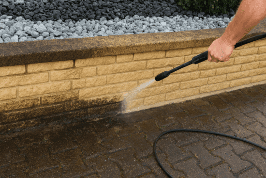 A Man Pressure Washing Dirty Stone Wall