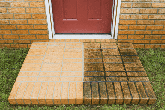 Before and after power washed brick stoop