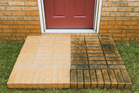 Before and after power washed brick stoop
