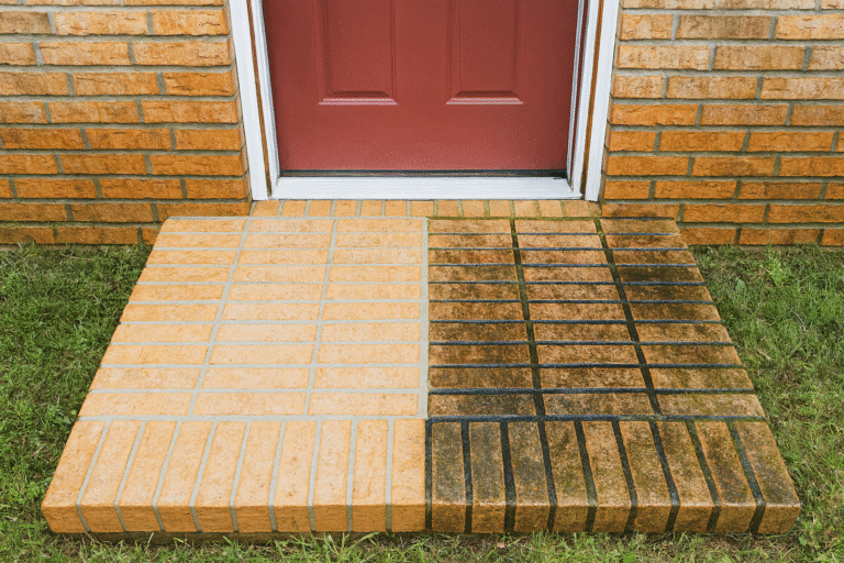 Before and after power washed brick stoop