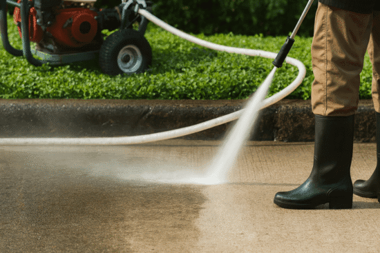 Pressure washing a dirty sidewalk