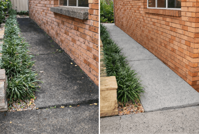 Before and After Pressure Washed Concrete Sidewalk Next to Brick House