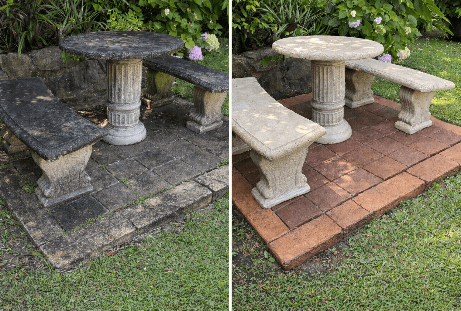 Before and After Pressure Washed Stone Pattio Table and Bench