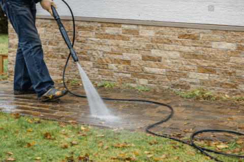 Man Power Washing Brick Sidewalk