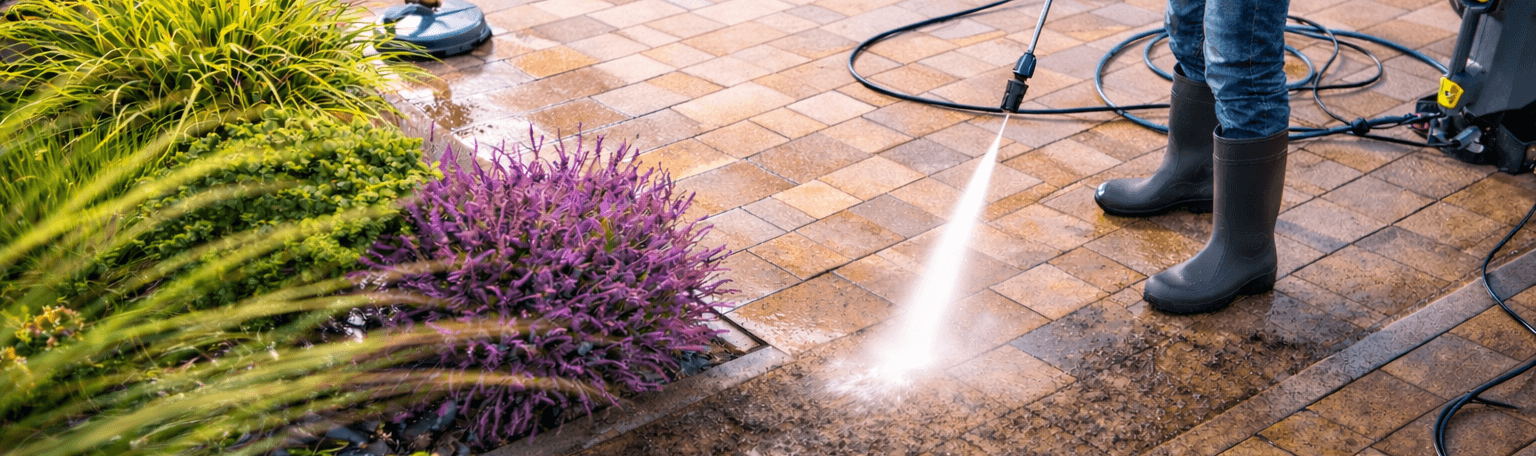 Man Pressure Washing Dirt Off Patio Wide Angle