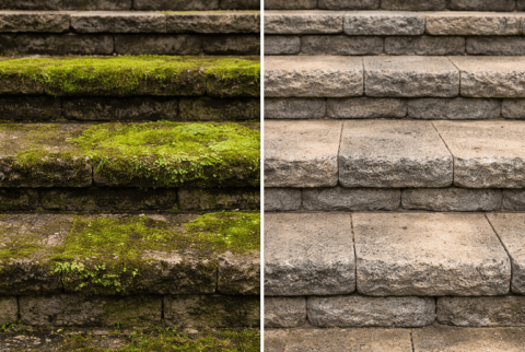 Mossy Stone Steps Pressure Wash Before and After