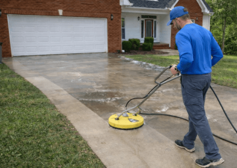 Pressure Washing A Dirty Concrete Driveway